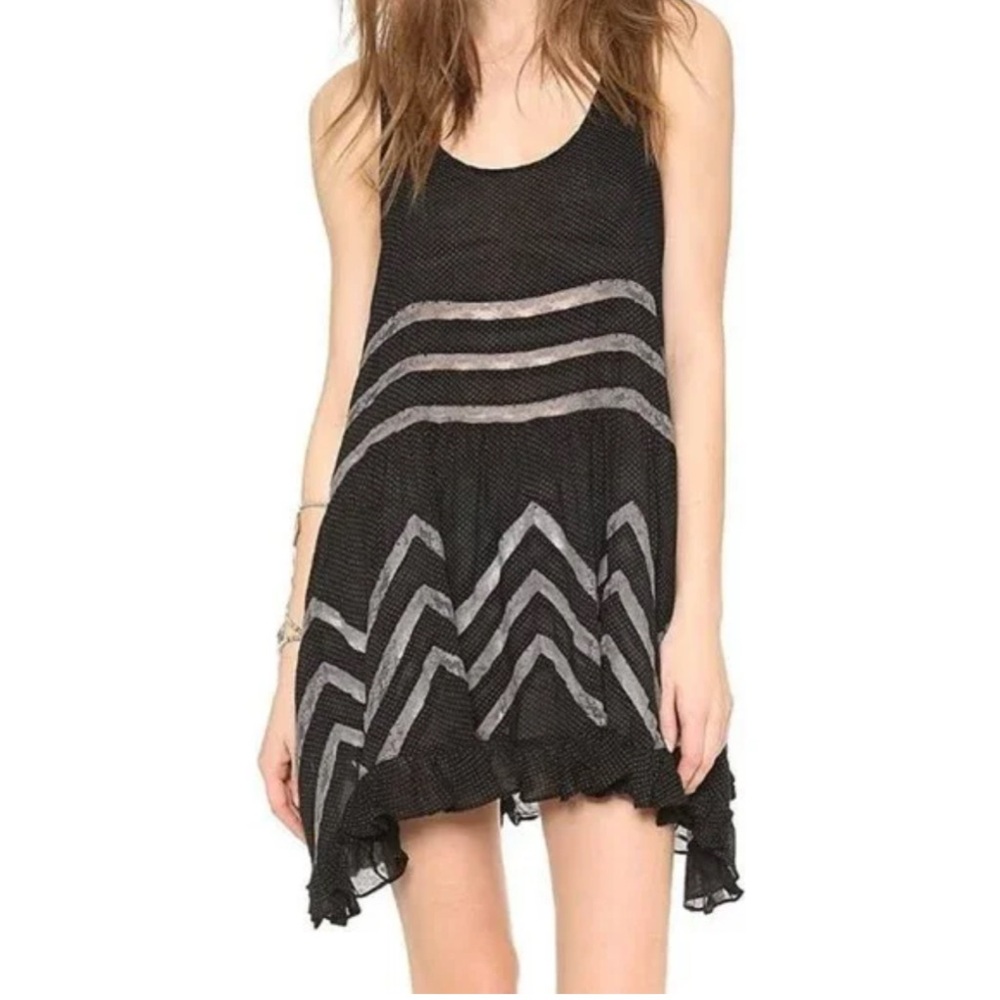Womens Free People Lace Trim Trapeze Black Slip Dress Tunic Polka Dot Size-XS